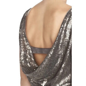 Vera Wang Sequin Sheath Cowl Back Pewter Holiday Party Dress